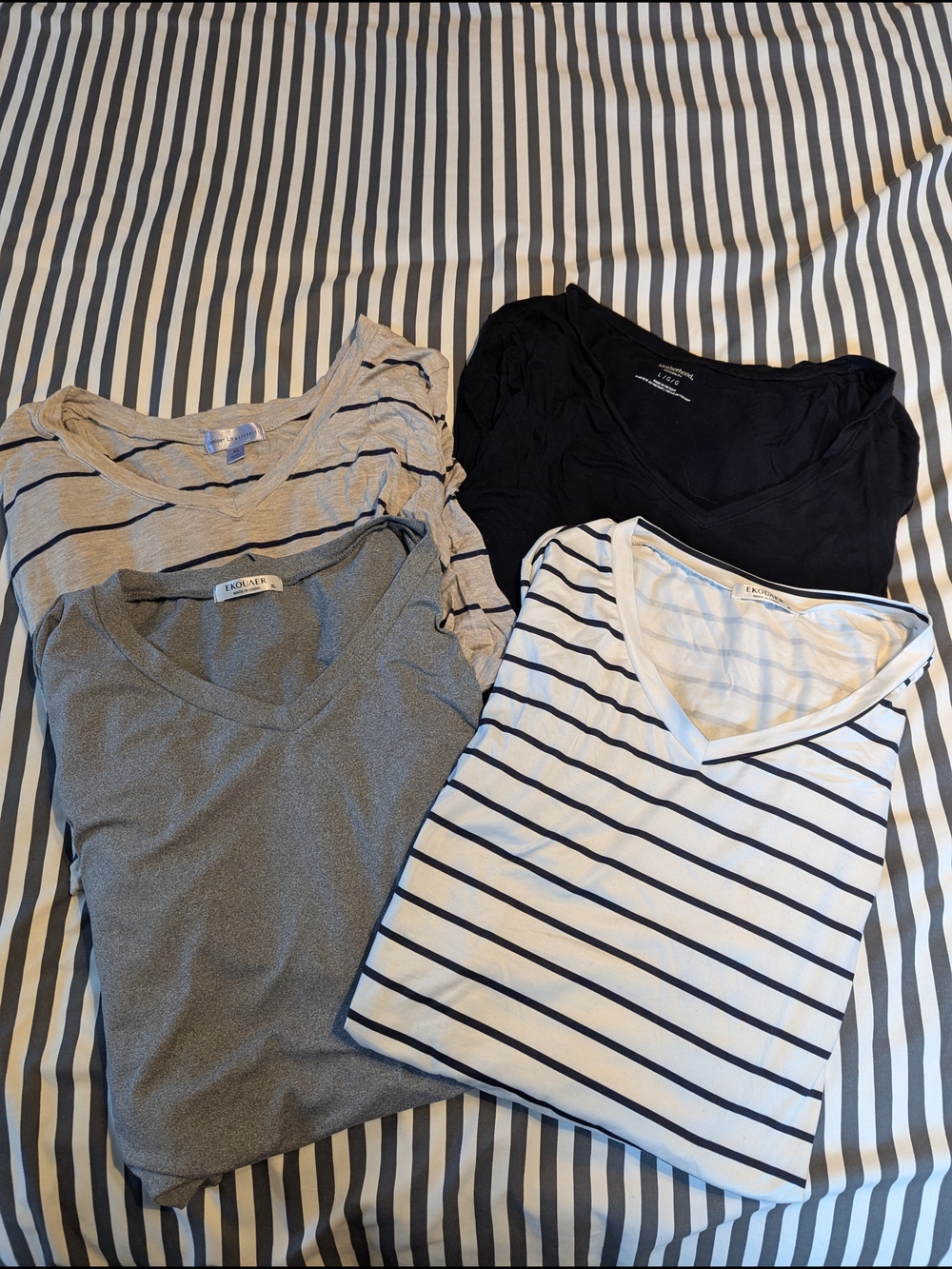 Set of 4 V-Neck Tees in Navy, Gray and Stripes